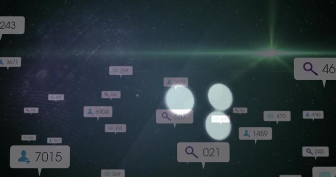 Floating animation of search icons and numbers over dark abstract digital background