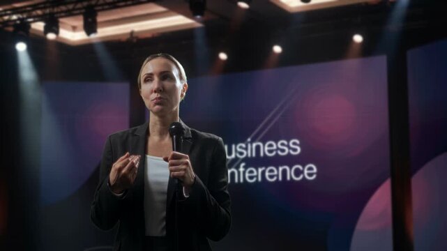 Caucasian Female Leadership Trainer Presents Compelling Conclusion Under Intense Lighting And Branding Visuals