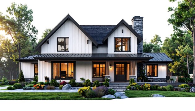 A modern two-story residence with a white exterior, black trim, and a stone chimney stands amidst landscaping
