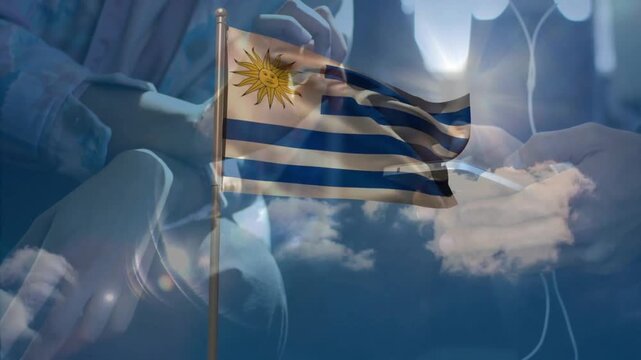 Waving Uruguay flag over people wearing headphones, listening to music animation