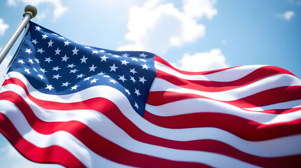 Fototapeta premium American flag waving against a bright blue sky with soft white clouds, low angle view with cinematic lighting, patriotic and realistic style, bright mood