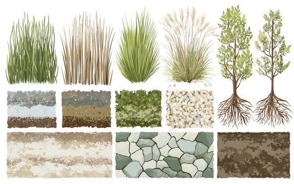 Colecci&oacute;n de elementos naturales y texturas del suelo para dise&ntilde;o paisaj&iacute;stico: &aacute;rboles, hierbas, musgo, arena y adoquines.