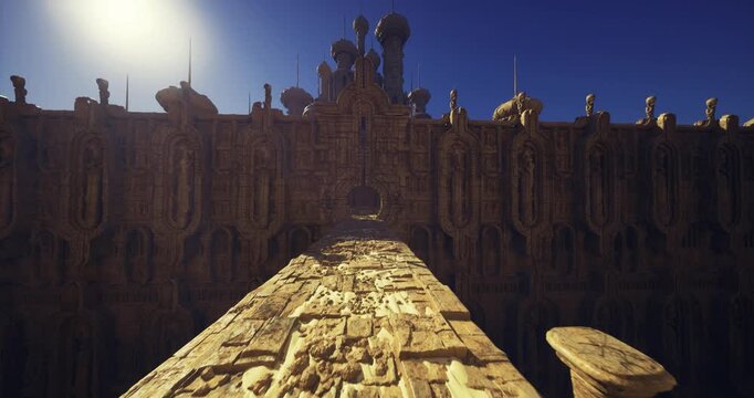 sunward fortress skyline dominated by towers and crenellated ramparts, bright glare and high contrast, expansive vista of spires and parapets, intense heat