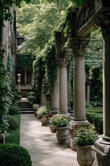 Fototapeta premium Elegant Stone Archway with Lush Greenery and Potted Plants in a Serene Garden Setting.