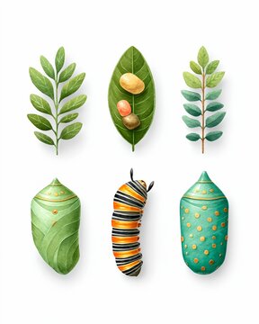 The lifecycle of a monarch butterfly: eggs, caterpillar, chrysalis, leaves, and plants. Explore the phases of this incredible transformation