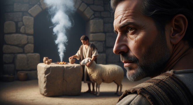 Biblical scene of Cain and Abel presenting offerings. Close up of a man with a troubled expression. Stone altar with smoke and a sheep in an ancient courtyard. Genesis story of sacrifice