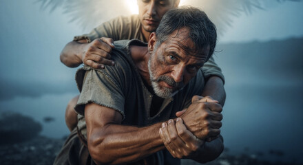 Fototapeta premium Jacob wrestling with the angel. Biblical scene of spiritual struggle and perseverance. Man grappling with divine being in misty landscape