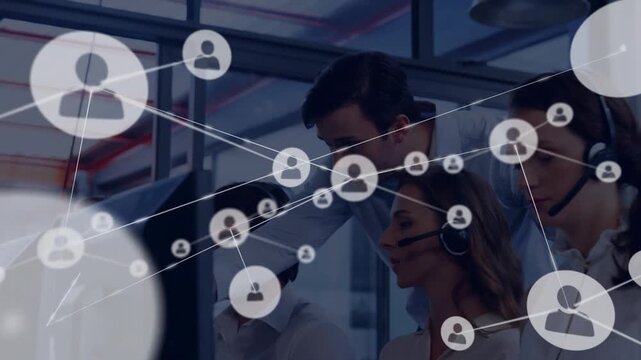Supervisor guiding agent in customer support initiating user icons and connecting lines growing