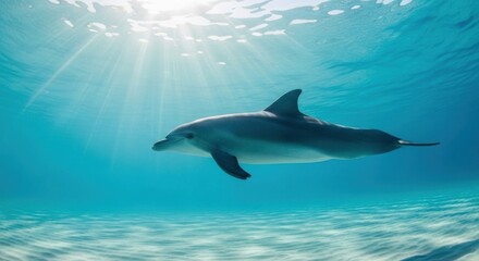Naklejka premium Graceful dolphin swimming through clear turquoise ocean water illuminated by sun rays