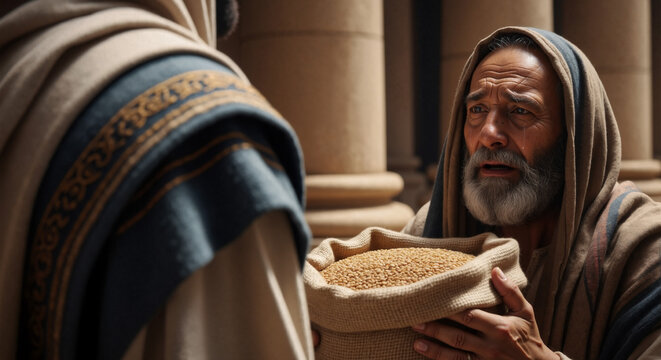 Joseph providing grain to a starving man during the famine in Egypt. Biblical scene from the Book of Genesis. Historical portrait of an old man receiving food relief