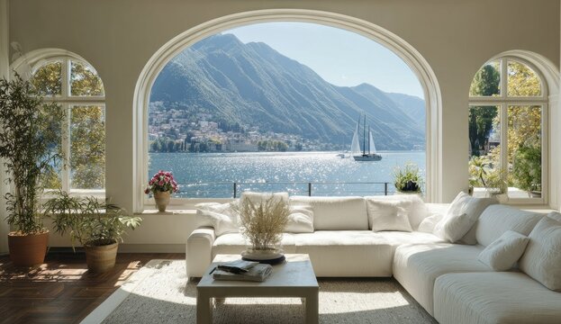 Luxurious Living Room with Panoramic Lake and Mountain View.