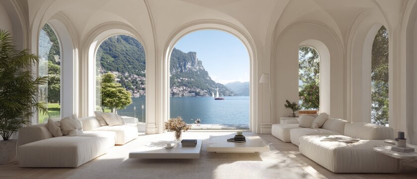 Luxurious Living Room with Panoramic Lake View and Arched Windows.