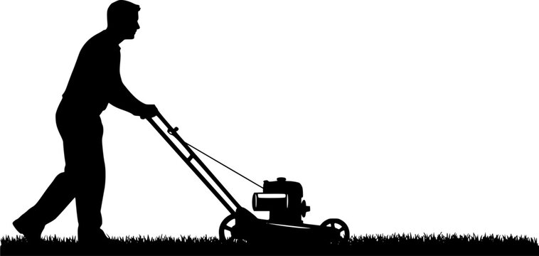 Man pushing an old green lawn mower silhouette. Lawn Mower Silhouette Stock Illustrations. Silhouette Man Pushing Lawn Mower. Black silhouette of a lawn mower on a white background. 
