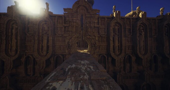 Narrow carved portal opening into dark passage with textured threshold and warm rim light, exploration team imagines hidden chamber and ritual relic beyond.