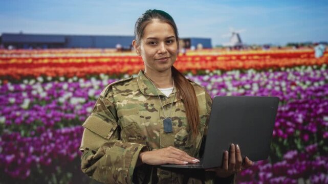 Woman soldier in camouflage holding laptop and dog tags while typing, standing in a tulip field with windmill and rows of flowers; pride duty.