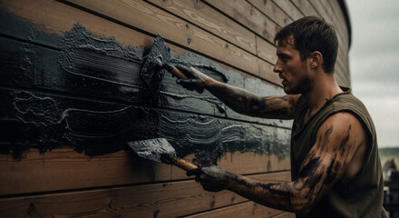 Fototapeta premium Man applying thick black bitumen to seal wooden planks of an ark. Biblical worker waterproofing a large vessel with tar. Manual labor in ancient times