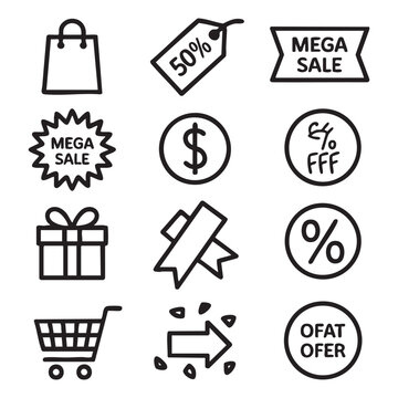 Black and white of sale and discount symbols and percent price tag