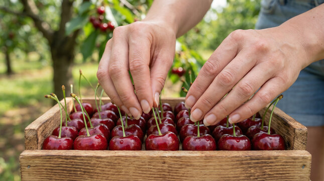 Hands arranging freshly picked cherries in wooden basket outdoors