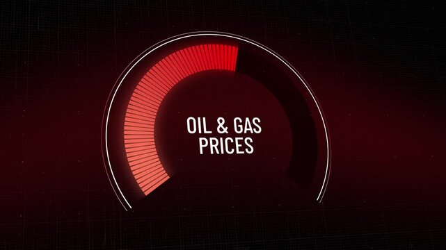 Digital circular gauge indicator moving down, oil and gas prices decreasing rapidly, energy cost reduction, fuel market downturn, cheaper petrol, impact on global economy, finance motion, Copy space