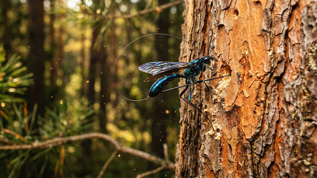 Ichneumon Wasp Creating Parasitic Tension Using Long Ovipositor