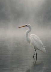 Naklejka premium Graceful heron in misty water.