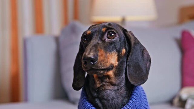 Black dachshund dog wearing a blue knitted sweater gazing upward with large soulful pleading eye in a warm home interior, emotional pet portrait, begging animal character, cozy home lifestyle.