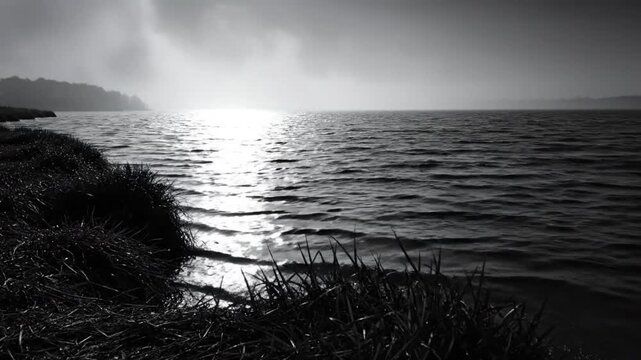 Black and white shot of a calm lake with sun reflecting on the water, with grass and a foggy atmosphere