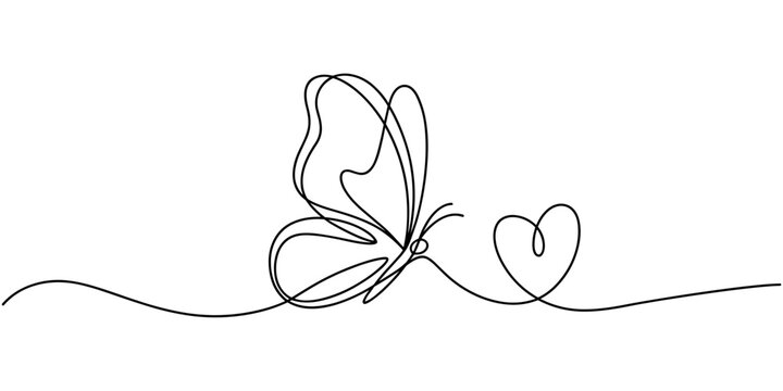 Continuous one line drawing of butterfly and hearts. Flying butterfly route with with hearts shaped. Hand drawn one line vector. Editable stroke