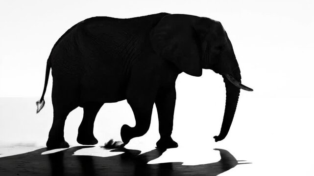 Black and white silhouette of an African elephant walking gracefully against a bright background