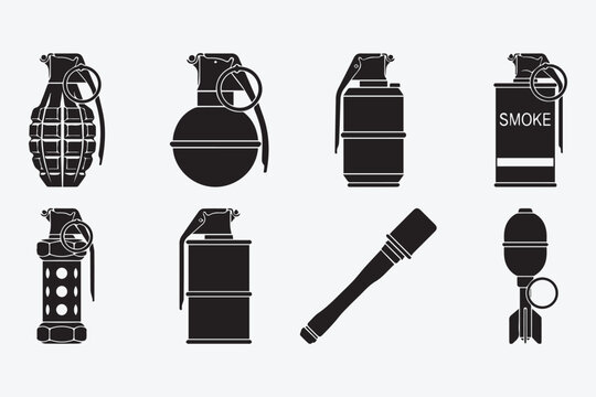 Grenade silhouettes icons set, military explosive weapon collection vector illustration