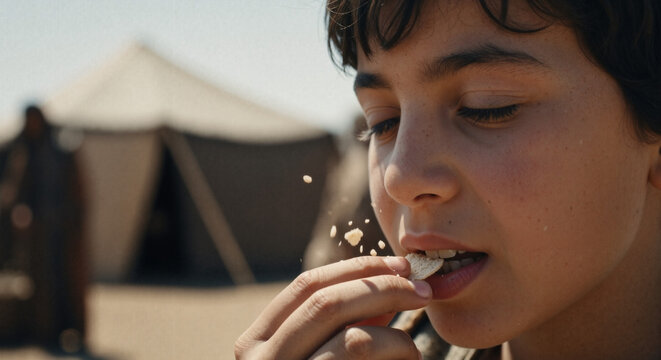 Close-up of a young boy eating bread in a desert camp. Historical or nomadic child holding a piece of food with crumbs falling. Biblical narrative of manna or sustenance in the wilderness