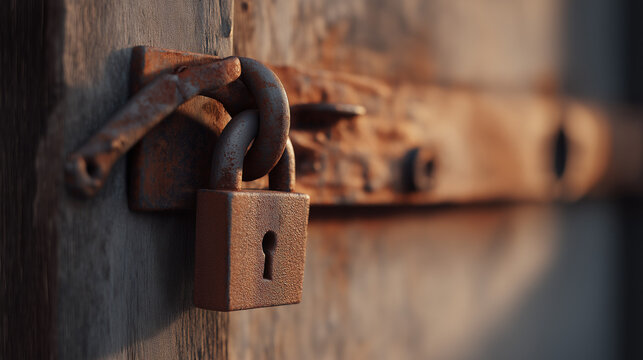 plurality. Rusted iron hasp and padlock secured to an old wooden warehouse door. real-estate listings, architecture portfolios, designed for real-estate listing and luxury residence showcases.