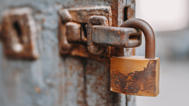 plurality. Rusted iron hasp and padlock secured to an old wooden warehouse door. real-estate listings, architecture portfolios, designed for real-estate listing and luxury residence showcases.