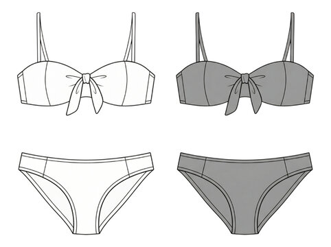 CAD fashion illustration of a two-piece bikini set with a bow detail for a swimwear design