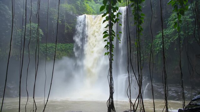 A breathtaking waterfall cascades down a rocky slope surrounded by lush greenery and tall trees in a serene natural landscape.