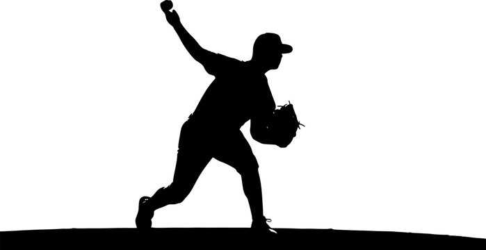Black silhouette of baseball player pitching against white background
