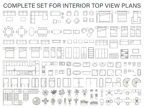 Complete Set of Top View Interior Design Elements and Furniture Symbols for CAD Floor Plans