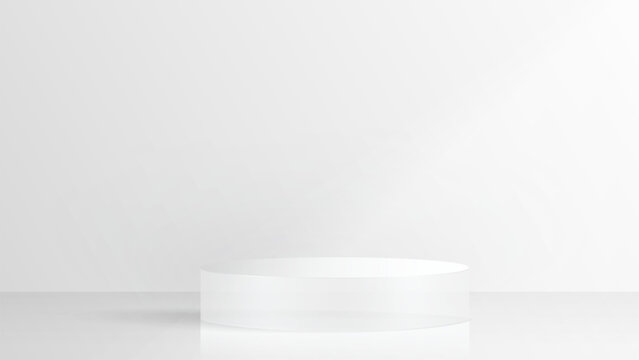 3D glass transparent crystal. Empty cylindrical pedestal. 3D cylinder and cube glass platforms set background. Vector realistic illustration of transparent plastic round and square