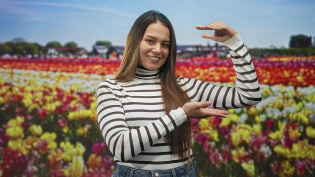Woman smiling and framing space with palms facing each other while wearing striped sweater in studio tulip field backdrop; playful joy.