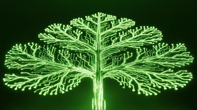Digital Tree: An artistic representation of a tree, crafted from digital circuits, glowing brightly against a dark backdrop, symbolizing the intersection of nature and technology.