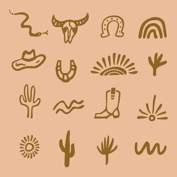 Elegant bohemian western branding elements, minimalist desert aesthetic graphics featuring bull skull, wild west symbols and mountain canyon, sun, horseshoe, snake, cowboy hat. Monochrome vector icons