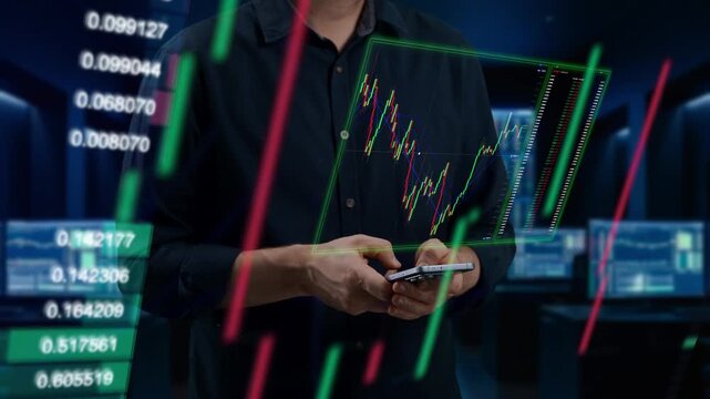 Investor Analyzing Dynamic Candlestick Patterns On Mobile Device Amidst Trading Environment