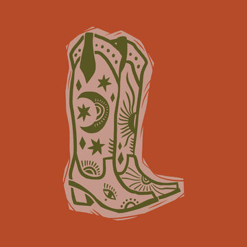 Ornate Cowgirl Boots Vector in Monochrome Linocut Style, Bohemian Western Decor with Ornamental Nature Stellar Patterns Moon and Sun Isolated Clipart