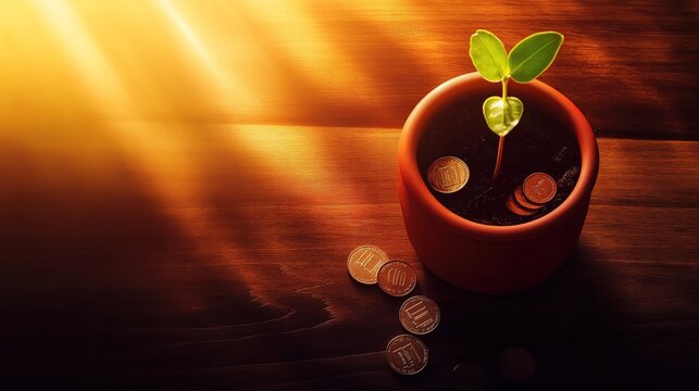 scion. A small plant growing in a ceramic pot with coins at its base, symbolizing growth and finance. pitch deck slides.