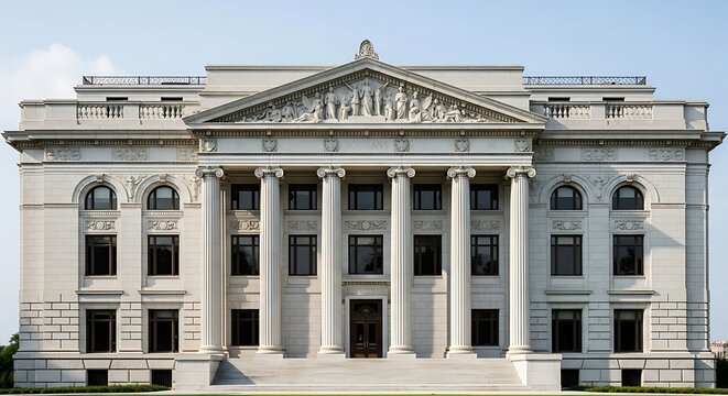 Majestic neoclassical building featuring grand columns and a detailed pediment, embodying historical architectural elegance and a sense of institutional permanence under clear daylight