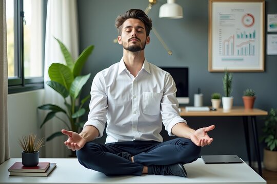 Young businessman finds peace amongst his office chaos by meditating on his desk with eyes closed.