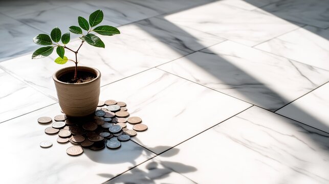 scion. A small plant growing in a ceramic pot with coins at its base, symbolizing growth and finance. pitch deck slides.