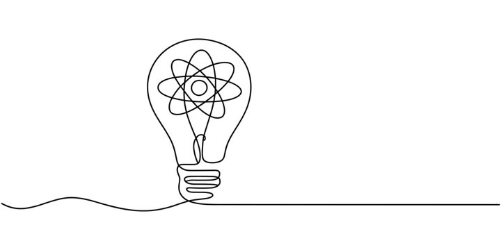 Light Bulb with Atom Model Inside Representing Scientific Innovation continuous one line drawing, Simple line drawing of a lightbulb with atom symbol inside, Bulb, atoms, innovation icon. Simple line,