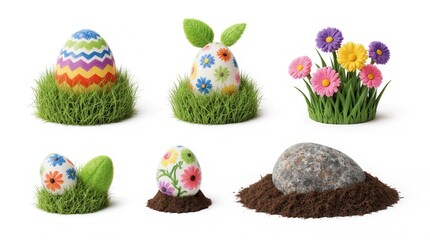3D Easter Decorated Eggs Grass Leaf Ears Colorful Flowers Soil Horizontal Set