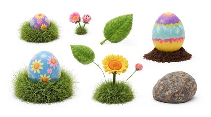 3D Easter Floral Egg Grass Wildflower Leaf Rock Spring Nature Elements Horizontal